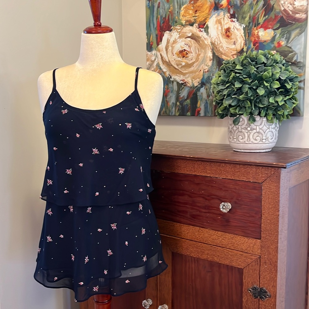 Cabi | #795 Navy Blue Floral Print Tiered Chiffon Sleeveless Camisole Tank Top